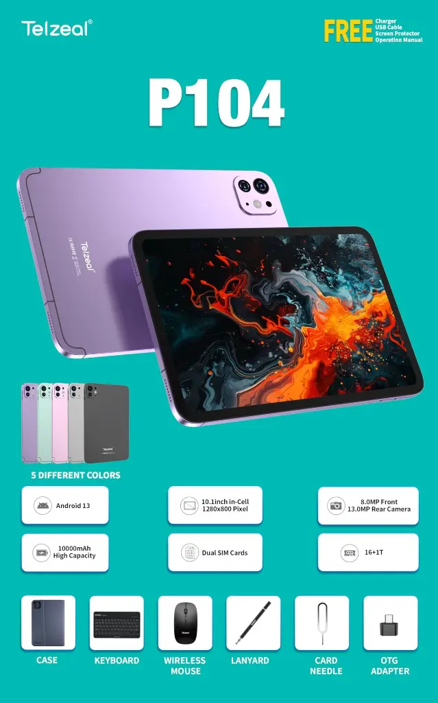 Telzeal P104 Tablet 10.1″, 16GB RAM + 1TB Storage, Android 13-.webp
