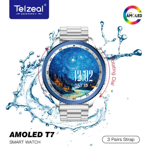 [Amoled T7] Telzeal Smart Watch Amoled T7 50M Depth Waterproof, Silver Set Display