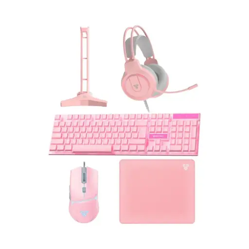 Fantech P51 5 in 1 Power Bundle : Flash HQ53 Headset , Tower II AC304 Headset Stand , Shikari K515 Gaming Keyboard , Vigil MP356 Mousepad , Crypto VX7 Gaming Mouse- Pink